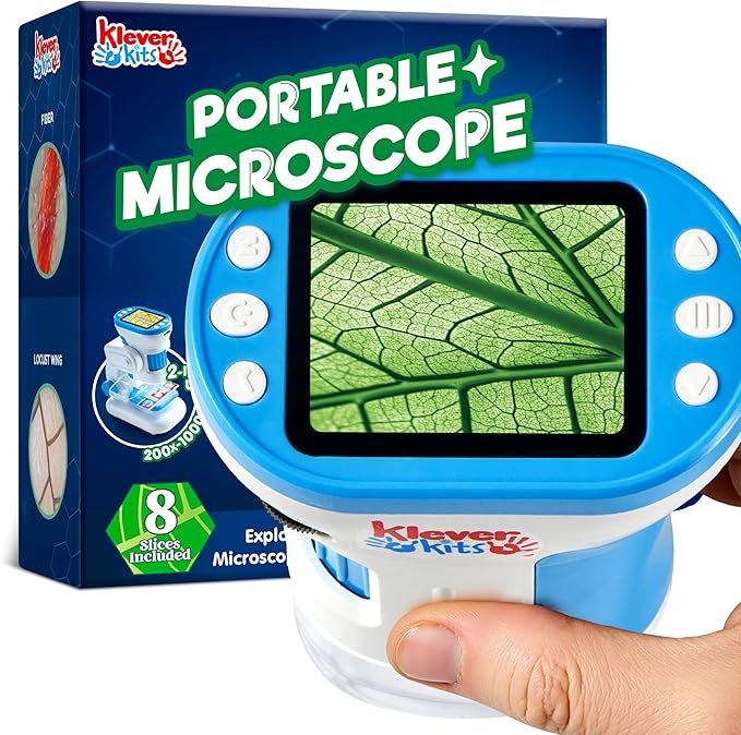 Klever Kits 2 in 1 Handheld Microscope for Kids, 1000X HD Digital Kids Microscope with 2.0'' LED Screen, Portable Pocket Handheld with Slides, 32G Card, Edu Gifts Toys for Ages 5-12
