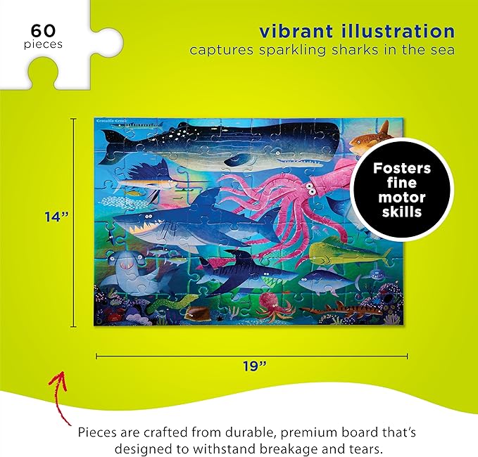 Crocodile Creek 60-Piece Holographic Foil Floor Puzzle for Kids Ages 4-8 and Up - Heavy-Duty Box for Storage - Shimmering Sharks - 14” x 19” Finished