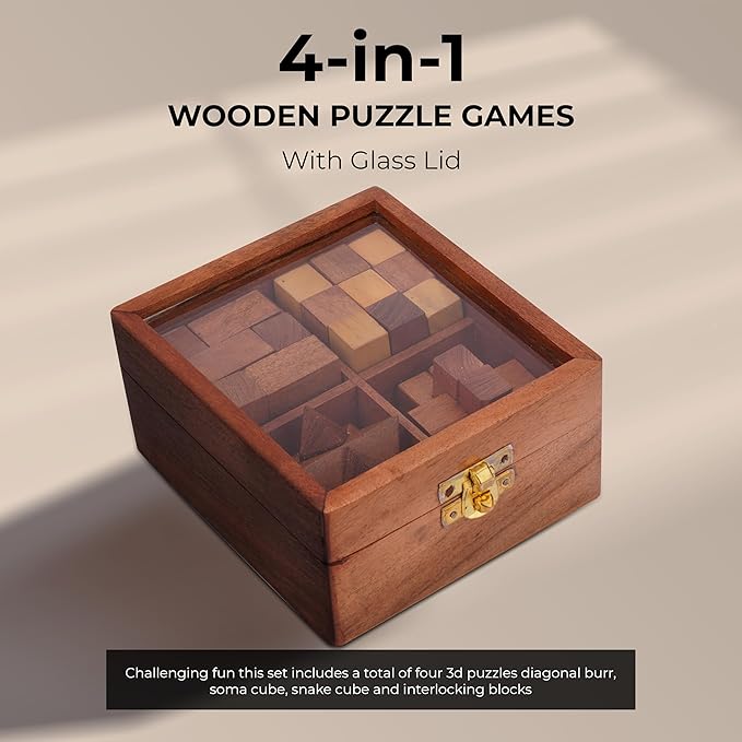 Ajuny Wooden Puzzles Box Set (4 Games) Brain Teaser for Teens & Adults, IQ Test Interlocking 3D Puzzles, Handcrafted Rustic Patio Decor, Unique Gift for Christmas and Birthdays