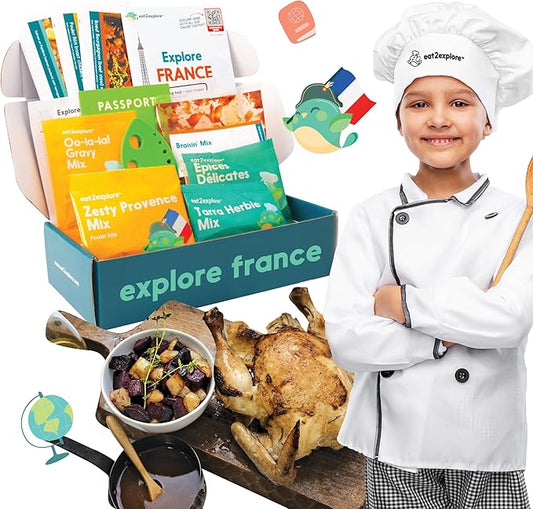 eat2explore Cooking Kits for Kids - Interactive & Educational Set with 3 Recipe Cards, Key Ingredients & Cooking Tools - Ideal Idea for Kids who Love to Create Meals (France Edition)