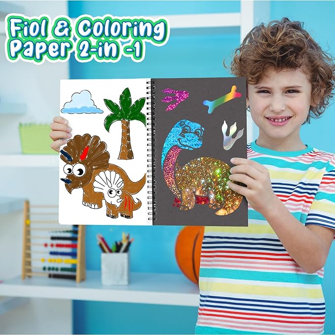 Foil Craft Dinosaur DIY Art Fun Kits, No Mess Creative Foil Art Kits Set Drawing Game for Kids, Birthday Gifts Crafts Supplies Travel Toys for Girls Boys Ages 4-9