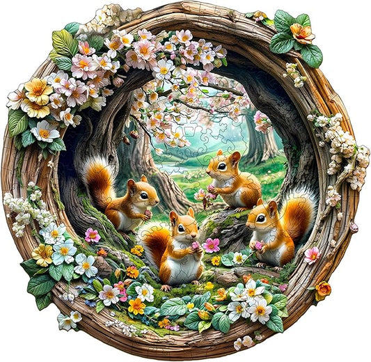 Wooden Puzzles for Adults, Wooden Jigsaw Puzzles for Adults, 3D Vision Effect-3D Spring Squirrel Unique Shaped Wood Puzzles Adult, Creative Birthday Gifts for Friends Family Game(13.4 * 13in 300pcs)