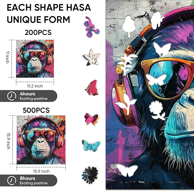 Wooden Puzzles for Adults, Face of Baboon Jigsaw Puzzles 200 Piece, Modernist Painting Style Adult Puzzles, Family Brain Game Gift 11x11.2 inch