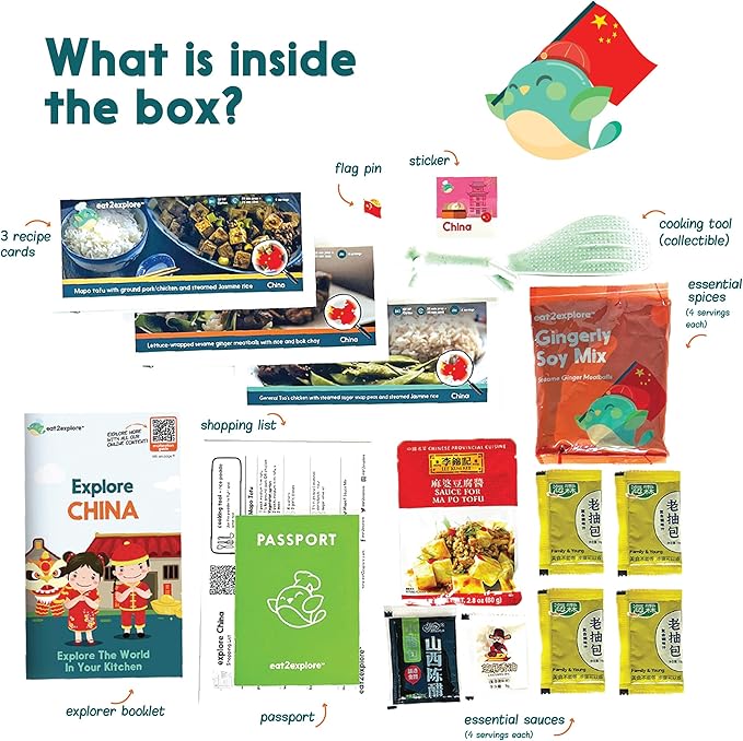 eat2explore Cooking Kits for Kids - Interactive & Educational Set with 3 Recipe Cards, Key Ingredients & Cooking Tools - Ideal Idea for Kids who Love to Create Meals (China Edition)