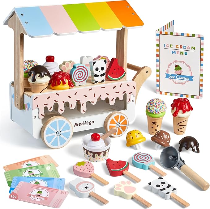 Wooden Ice Cream Cart Toy Playset with Ice Cream Toys Pretend Play Food Truck Play Kitchen Accessories with Ice Lolly & Scoop & Menu Wooden Toys Gift for 3 4 5 6 7 8 Year Old Girls Boys