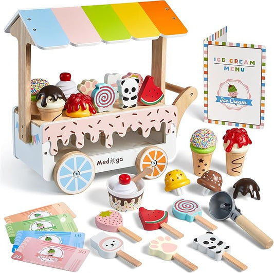 Wooden Ice Cream Cart Toy Playset with Ice Cream Toys Pretend Play Food Truck Play Kitchen Accessories with Ice Lolly & Scoop & Menu Wooden Toys Gift for 3 4 5 6 7 8 Year Old Girls Boys