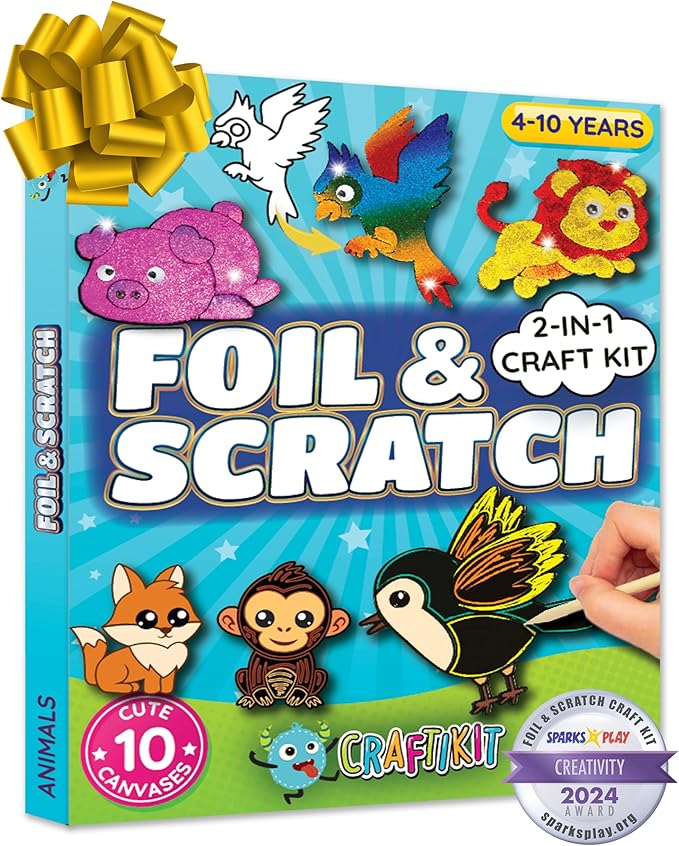 Craftikit ® Award-Winning Foil Art & Rainbow Scratch Art for Kids - 2-in-1 Arts and Crafts Kit for Kids Ages 4-10 - Animal Theme for Girls, Boys & Toddlers Ages 4, 5, 6, 7, 8, 9, 10