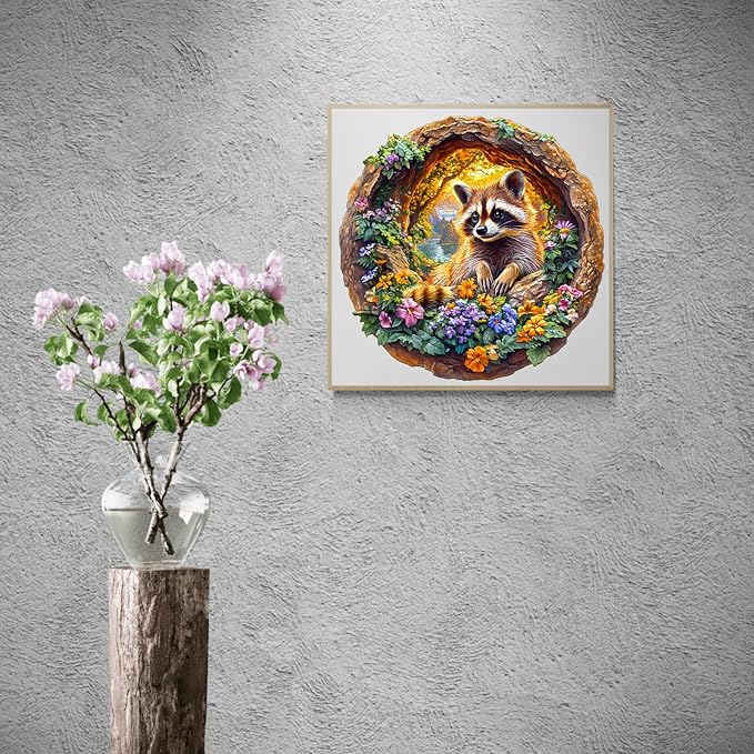 KAAYEE Wooden Puzzles for Adults, 3D Visual Effect Raccoon on Vacation Wooden Jigsaw Puzzle Unique Shape Wood Puzzle Adult, 3D Effect Flat Puzzle Birthday Family Game (M-11.4 * 11.3 in-200pcs)