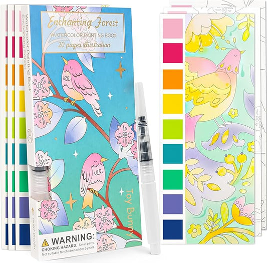Watercolor Painting Coloring Books Pocket Watercolor Paint Bookmarks, Mess Free Paint with Water Set, Travel Class Activities Art Party Favors Exchange Birthday Gifts for Kids (Enchanting forest)