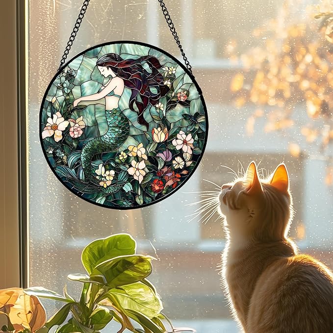 Stained Glass Window Hanging - Teal Sleeping Mermaid Suncatcher for Door Terrace Garden Home Decor, Sea of Flowers Sun Catcher Birthday Gifts for Lovers Women Men Dad Mom Nana 11.8 in