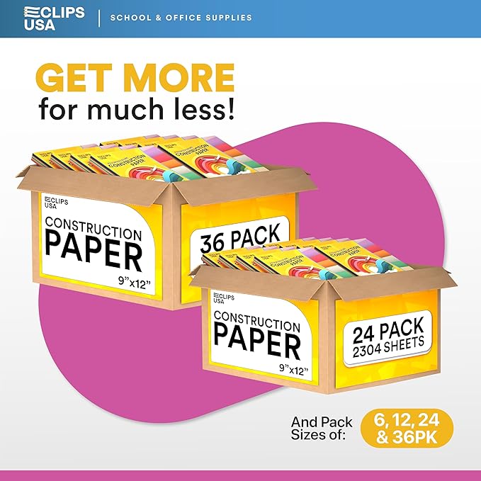 Construction Paper Assorted Colors, Colored Paper, Craft Supplies, Colored Construction Paper Bulk, Back to School Supplies (36 Pack / 3456 Sheets)