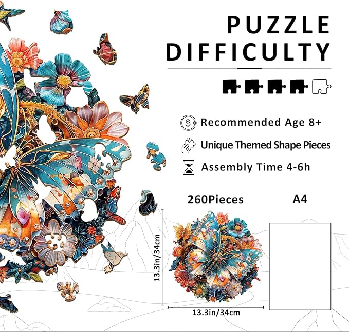 Wooden Puzzles for Adults - Mechanical Butterfly Wood Puzzles Adult - Unique Animal Shape Wooden Jigsaw Puzzles for Adults - Birthday Gifts for Puzzle Lovers, Family (13.3 * 13.3in)