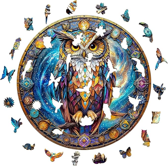 Wooden Puzzles for Adults 200 Pices, Owl 3D Puzzles for Adults, Cosmic Watcher Owl Irregular Jigsaw Puzzles, Flat Puzzels with 3D Visual Effect, Finished Puzzle Size is 11.4 x 11.4in