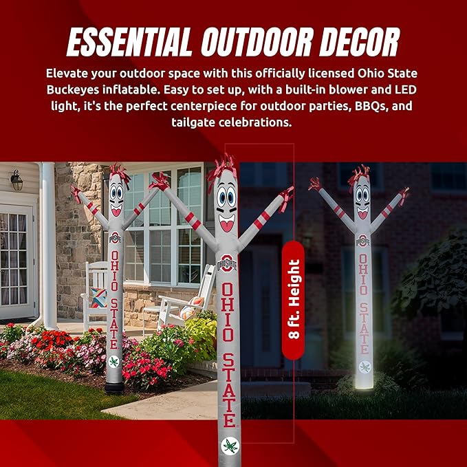 NCAA Ohio State Buckeyes Football Wacky Waving Inflatable Tube Guy with LED Lights & Built-in Blower - 6" x 36" x 96" Inflatable Tube Man Crazy Sports Fan Outdoor Party Decoration