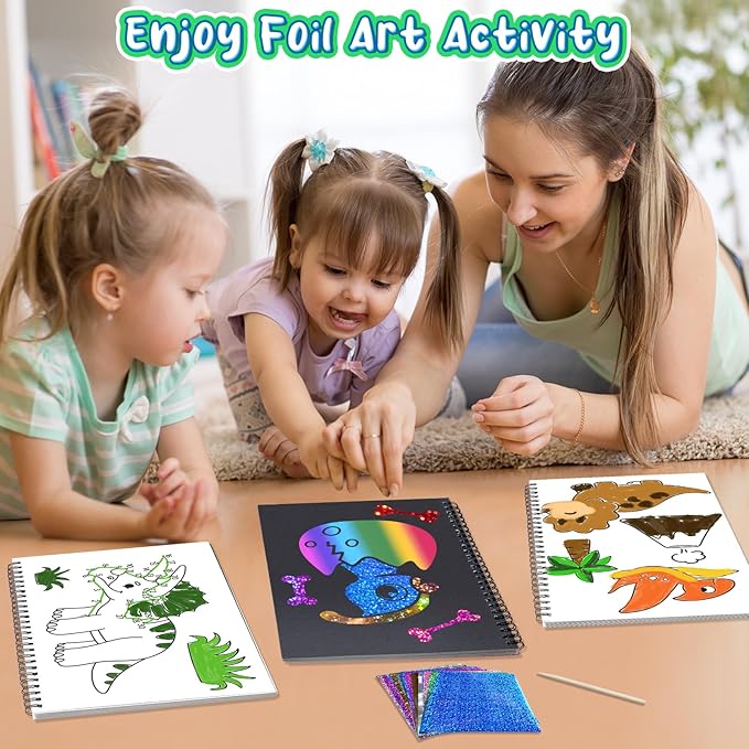 Foil Craft Dinosaur DIY Art Fun Kits, No Mess Creative Foil Art Kits Set Drawing Game for Kids, Birthday Gifts Crafts Supplies Travel Toys for Girls Boys Ages 4-9