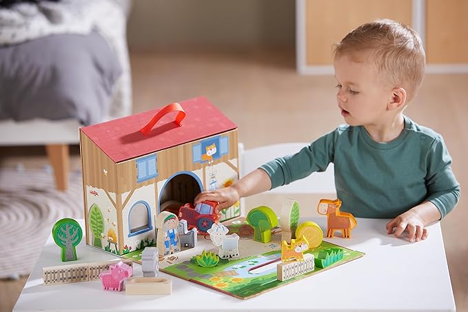 HABA Play World at The Farm Play Set - Barn and Animal Farm Toys for Toddlers 1-3, Toddler Learning Toys, Preschool Animal Figurines, Made in Germany