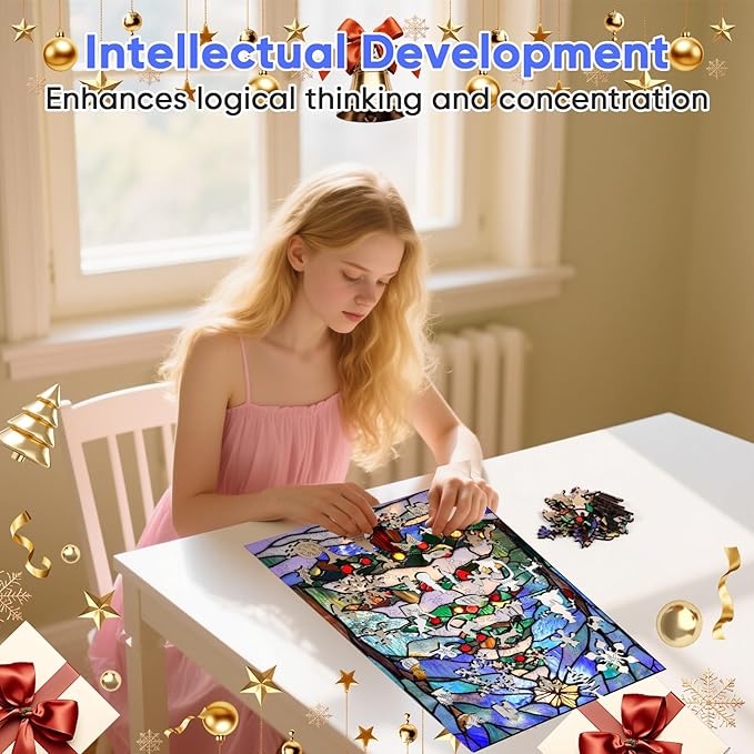 Wooden Puzzles for Adults, Christmas Tree Puzzles 498 Pieces, Unique Shaped Stained Glass Jigsaw Puzzles for Adults and Kids, Birthday Gifts Fun Challenge Family Game 17.3'' x 12.2''