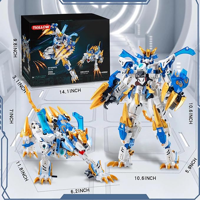 White Tiger 2 in 1 Mech Building Blocks kit Transform Action Figure Toys, Animals Transforming Robot Building Set, STEM for Adults Kids Boys Ages 8 10 12 14 (White Tiger)