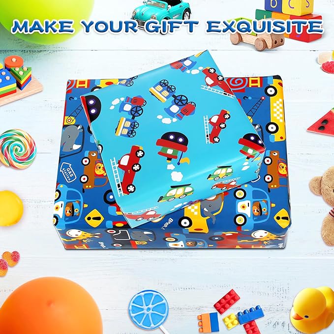 BWLOIES Wrapping Paper for Kids Boys Birthday Wrapping Paper Sheets with Police Car Fire Trucks Crane Ambulance Giraffe Elephant Children Birthday Gift Wrap Set with Tags Ribbion