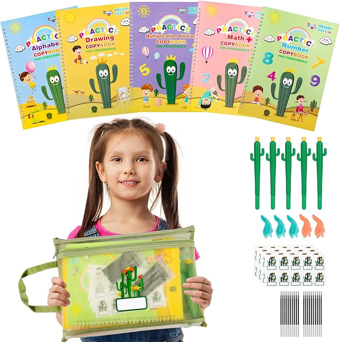 Complete Handwriting Practice for Kids, Grooved Writing Book Magic Copybook, Reusable Writing Practice Calligraphy Workbook, Kindergarten Preschool Learning Activities(Set of 5 books)