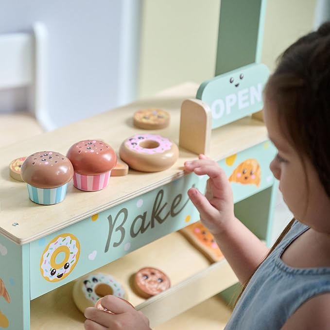 Teamson Kids Jolly Pals Wooden Bakery Market Stand Pretend Playset for Kids Ages 3+, Pastry Play Food Rotating Open/Close Sign, Hidden Storage Educational Role-Play, Pretend Play Wooden Market Stall