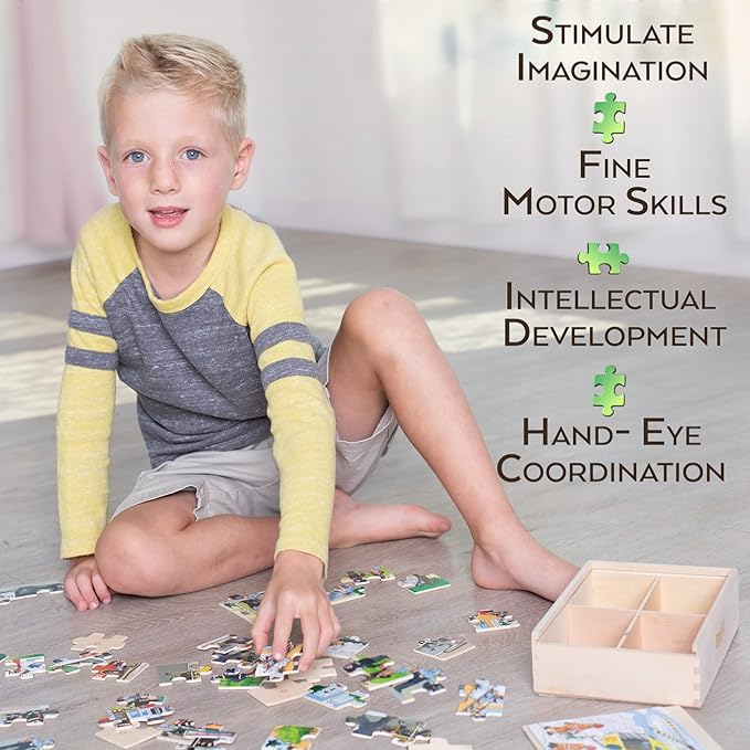 4-in-1 Wooden Puzzles for Boys 48 PCs Puzzles for Kids Ages 4-6 Great Gift for Boys,Car Puzzles for Kids Ages 4-8, Wood Puzzles for Kids Ages 3-5 Jigsaw Puzzle Box, Summer Activity Outside