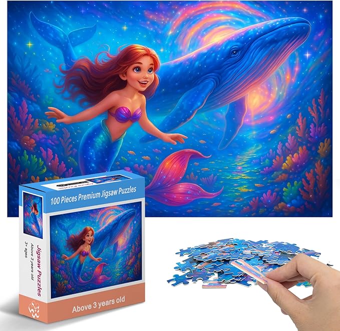 100-Piece Mermaid and Whale Jigsaw Puzzle for Kids Ages 4-6 6-8 8-10, Fantasy Underwater Puzzle with Magical Ocean Scene – Educational Toys and Birthday Gift for Girls and Boys