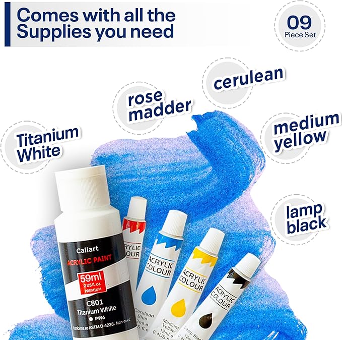 Painting4Real DIY Painting Class Kit for Adults with Video Tutorials: Learn to Paint Retro Glide – How to Paint with Acrylics – Painting & Art Supplies – 9 Piece Acrylic Paint Set