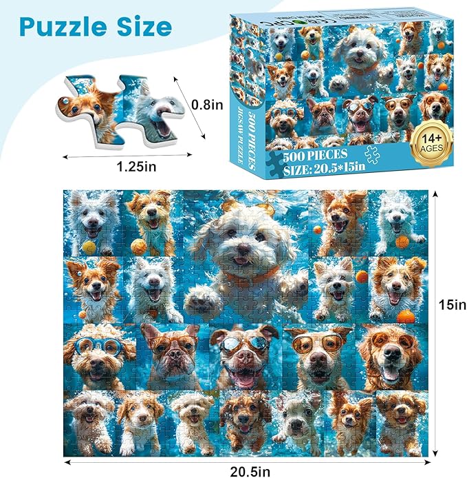 500 Piece Puzzle for Adults, Funny Puppy Animal Jigsaw Puzzles, Fun Cool Silly Puzzle with Underwater Dogs, 500 Pieces Birthday Party for Family Kids and Adults Funny Puzzle for Adults, 20.5×15 in