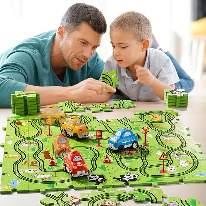 Bennol Toddler Toys Gifts for 2 3 4 5 Year Old Boys, 73 Jigsaw Puzzle Race Track Car Set Toys for Kids Boys Toddlers 1-3 2-4 3-5 4-6, Puzzle Tracks Car Toy Gifts for 2 3 4 5 Year Old Boy Kids