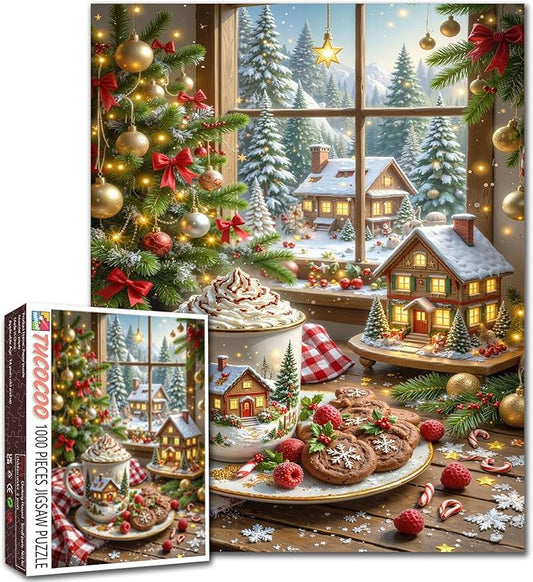 1000 Piece Jigsaw Puzzles for Adults Christmas Hot Chocolate Painting Jigsaw Puzzle 1000 Xmas Trees and Village Puzzles 20''x27”inch Winter Wonderland DIY Puzzle Art Wall Decor Family Challenging