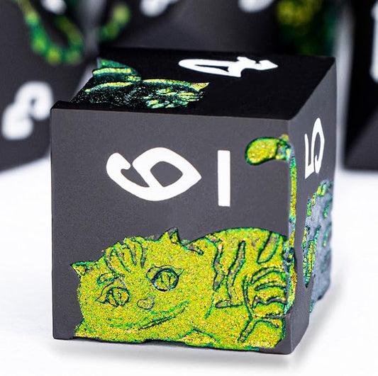 Metal DND Cat Dice 7PCS Polyhedral RPG Dice Set with Gift Case for Dungeons Dragons Role Playing Game, D and D Dice D6 D8 D10 D12 D20 D% (Green Black)