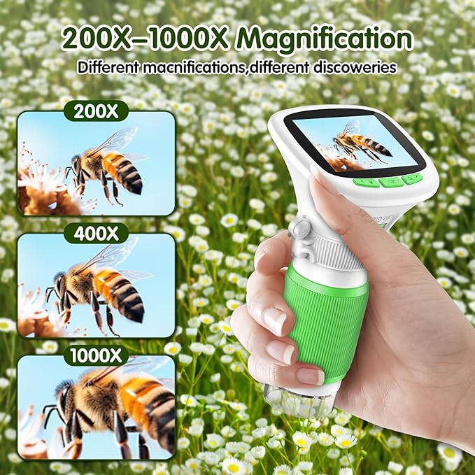 Microscope for Kids, EDCREATY 200X-1000X Portable Pocket Handheld Microscope, 2.4 High-Definition Screen, 200W Pixels for Birthday Christmas Holiday Toys Gifts for 5 6 7 8 9 10 11 12 Kids(White+Green)