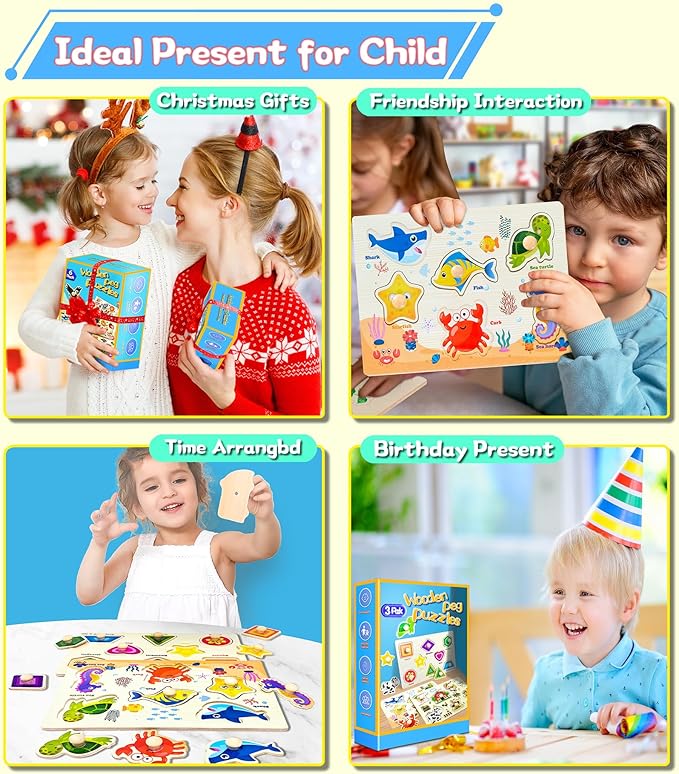 Wooden Peg Puzzles for Toddlers,Montessori Toddler Puzzles for Child,Fine Motor Skill Learning Puzzles Toys for Baby Boys Girls Gifts-3 Pcs Shape,Farm,Sea Animal