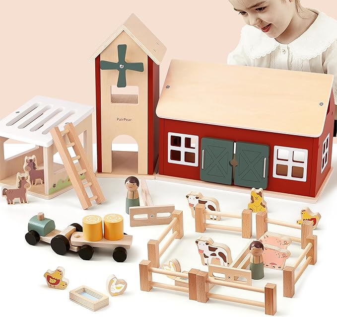 PairPear Wooden Barn & Tractor Farm Playset, 31 Piece Pretend Farm Animal Toy Set with Barn, Tractor & Trailer, Montessori Learning Gift for Toddlers Ages 3+