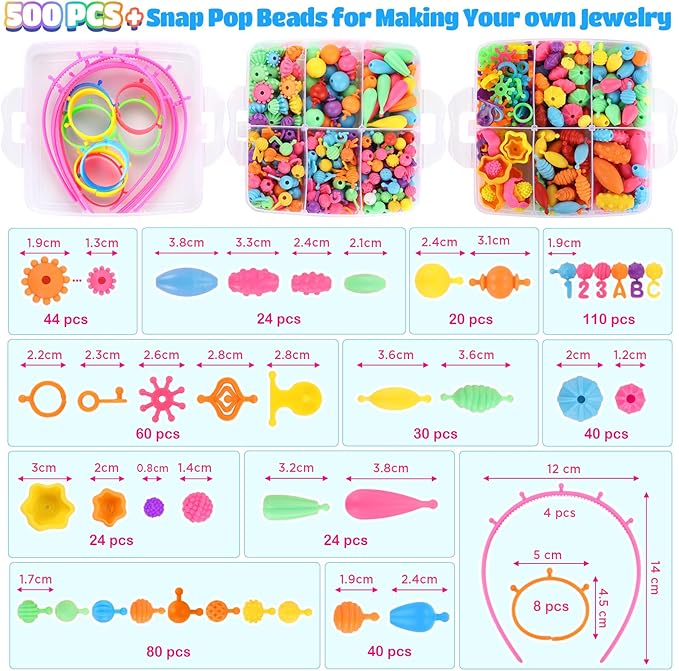 Funtopia Pop Beads, 500+ Pcs Jewelry Making Kit for Girls 4-6, Arts and Crafts for Kids 3 4 5 6 7 8, Colorful Snap Beads DIY Bracelet Necklace Ring Set for Little Girls