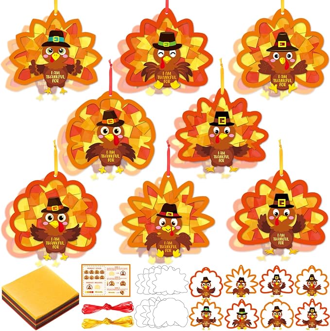 Funrous 32 Set Thanksgiving Turkey Suncatcher Craft Kit Autumn DIY Hanging Ornaments Window Stained Glass Effect Art Colorful Tissue Paper Crafts Fall Thanksgiving Home Classroom Decorations Supplies
