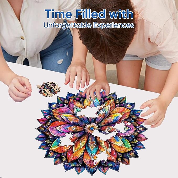 Wooden Puzzle Geometric Colorful Mandala 200 Pieces Round Blue Board Colorful Mandala Jigsaw Puzzle Royal Unique Shape Puzzles, Irregular Puzzle Creative Gift for Adults(11.2 * 11.2 in)