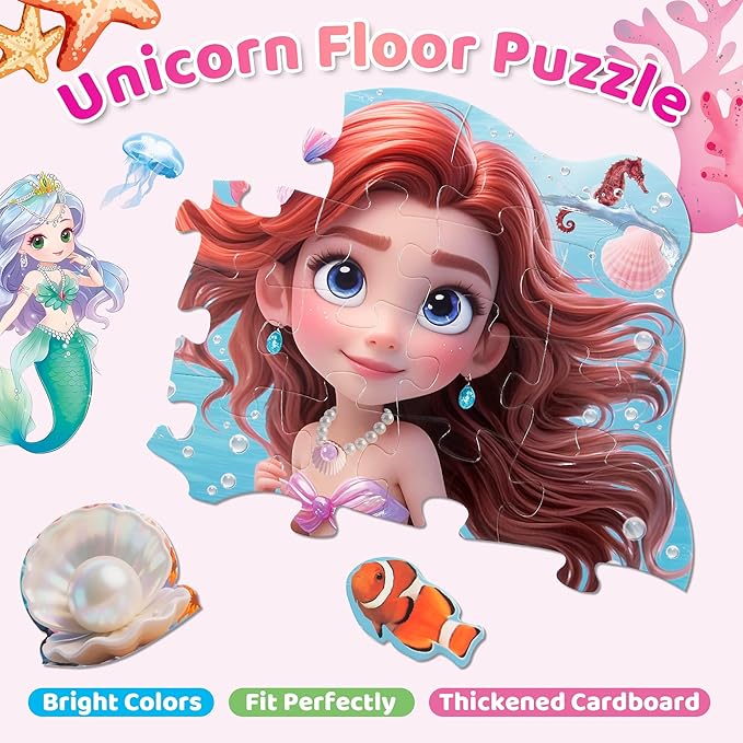 Floor Puzzles for Kids Ages 3-5, Mermaid Puzzles for Toddler Ages 4-6, 48 Pieces Jumbo Puzzles with Box, Mermaid Toys for Gifts 3-8 Years Old