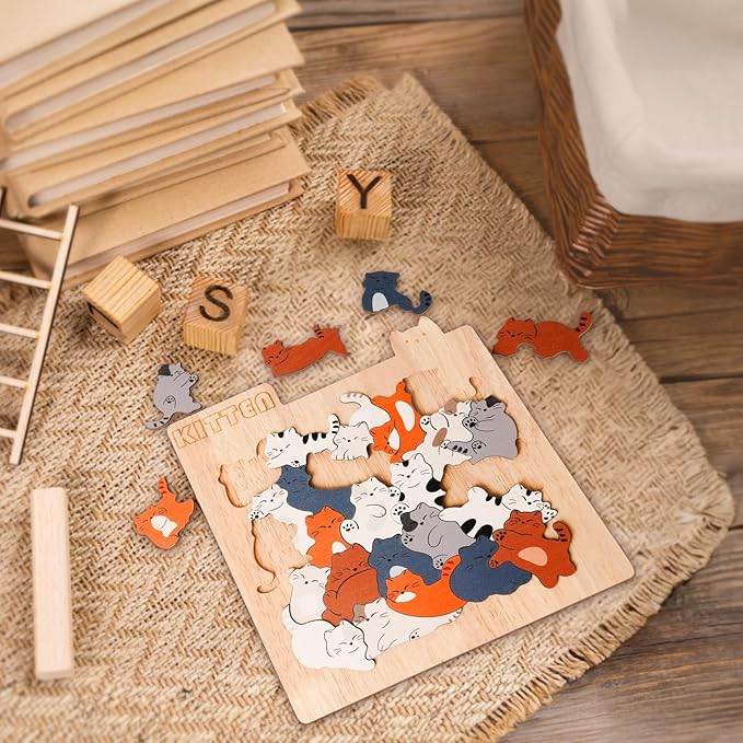 Wooden Cat Puzzle Game, Wooden Jigsaw Puzzles for Adults Kids, Unique Shape Puzzles, Cat Gifts for Women Girls and cat Lovers