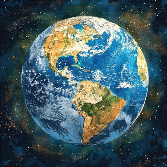 Space Earth Wooden Puzzles for Adults, Circle Blue Planet Jigsaw Puzzles 500 Pcs, 15.9x15.9in, Unique Shaped Cool Adult Puzzles, Wood Puzzles Creative Gifts for Adults and Kids Family Game