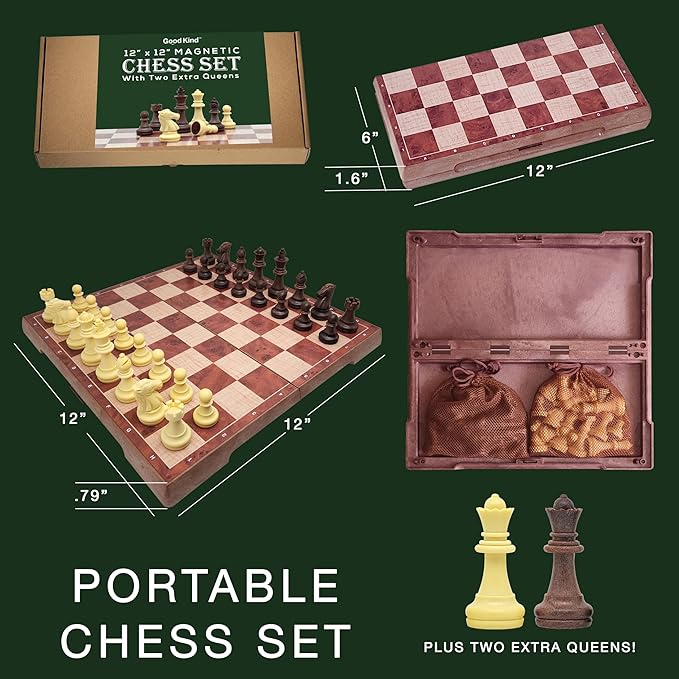 Magnetic Travel Chess Set for Kids and Adults. Portable 12" x 12" Chess Board Game for Beginner & Advance Players. Chess Sets for Adults with 2 Extra Queens & 2 Storage Bags for Chess Pieces.