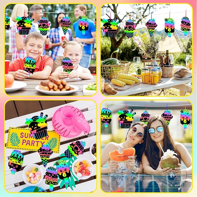JULMELON 36 PCS Summer Crafts, Rainbow Scratch Art Summer Gifts Magic Color Ice Cream Scratch Cards DIY Sweet Candy Ornament for Party Favors School Activities