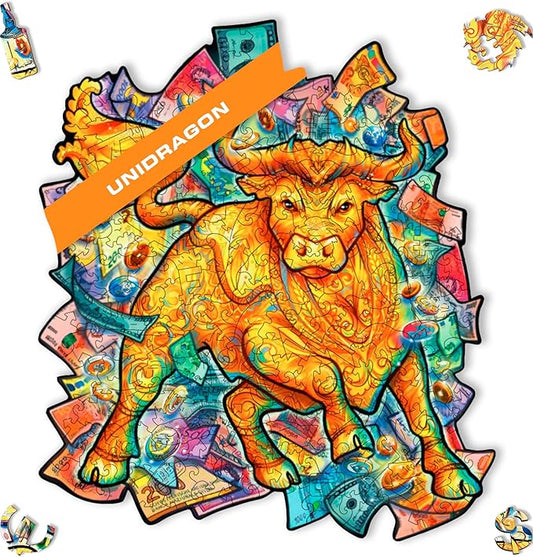UNIDRAGON Original Wooden Jigsaw Puzzles - Prosperous Bull, 102 pcs, Small 7.5"x8.7", Beautiful Gift Package, Unique Shape Best Gift for Adults and Kids