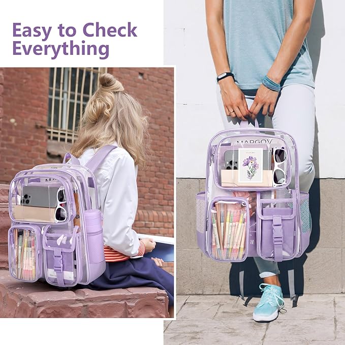 Purple Clear Backpack, Heavy Duty PVC Clear Bag for Stadium Events, Transparent Backpack with Reinforced Straps & Stitches for Girls Boys, Large Capacity Bookbag for School, Travel, College, Work