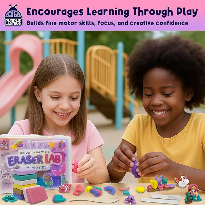 PURPLE LADYBUG Eraser Lab DIY Clay Mini Cute Eraser Kit for Girls - Unicorn & Mermaid Theme - Fun Craft Activity for Girls Aged 4 5 6 7 8 9 10, Perfect Back to School Supply & Birthday Gift Idea
