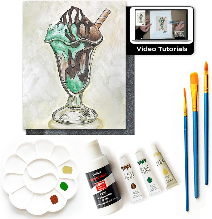 Painting4Real DIY Painting Class Kit for Adults with Video Tutorials: Learn to Paint Mint Chip Sundae – How to Paint with Acrylics – Painting & Art Supplies – 9 Piece Acrylic Paint Set