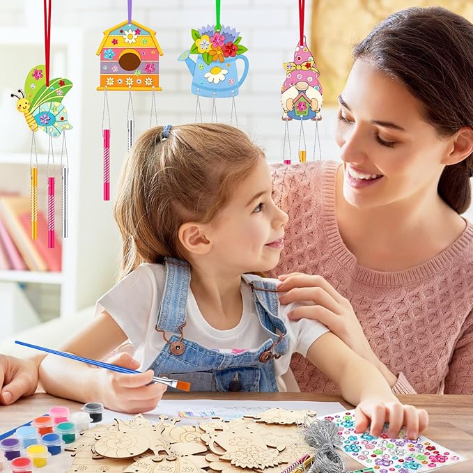 30 Pack Wind Chime Making Kit for Kids, Make Your Own Spring Tulip bee Wind Chime Wooden Ornaments for Girls and Boys DIY Crafts Activity Birthday Party Decoration