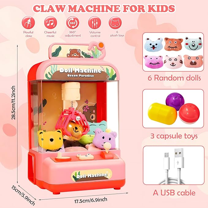 Mini Claw Machine for Kids | Girl Toys for Ages 8-13 Arcade Game Toy Claw Machine Electric Candy Vending Machine Toy with LED Lights & Adjustable Sound, Birthday Gifts for Girls Ages 4+, Red