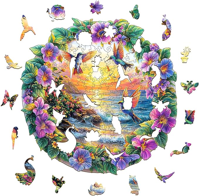 Wooden Puzzles for Adults - Beach Flower Wood Puzzles Adult - Unique Animal Shape Wooden Jigsaw Puzzles for Adults - Birthday Gifts for Puzzle Lovers, Family (13.4 * 13.4in)